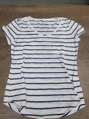 So Striped Perfect V-Neck White Blue Womens Medium